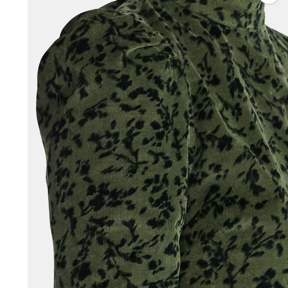 Olive Green Mock Neck Long Sleeve Top with Black Leaf Print - Picture 3 of 4